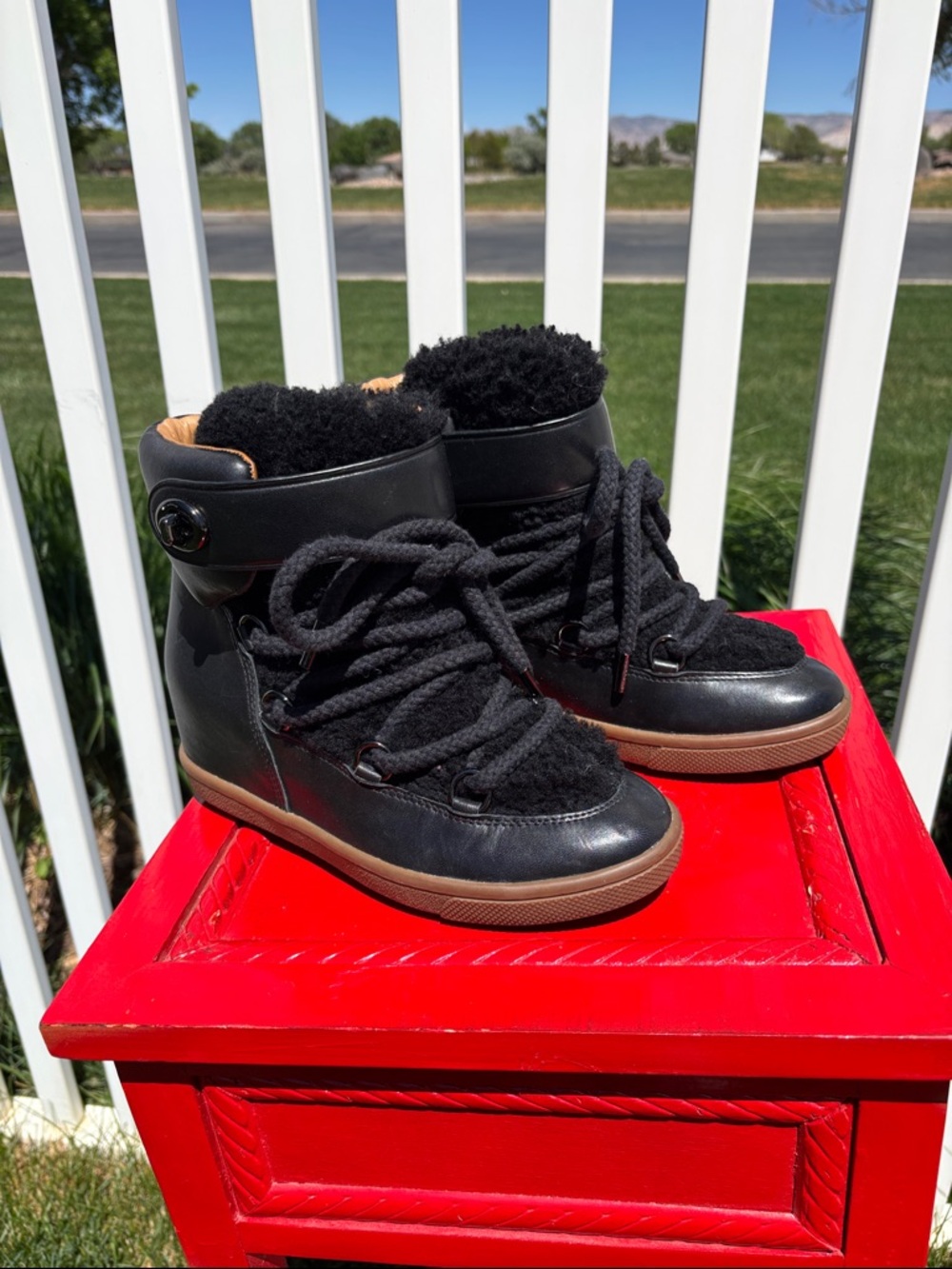Coach Black Monroe Wedge Booties Size 6.5, NWOB